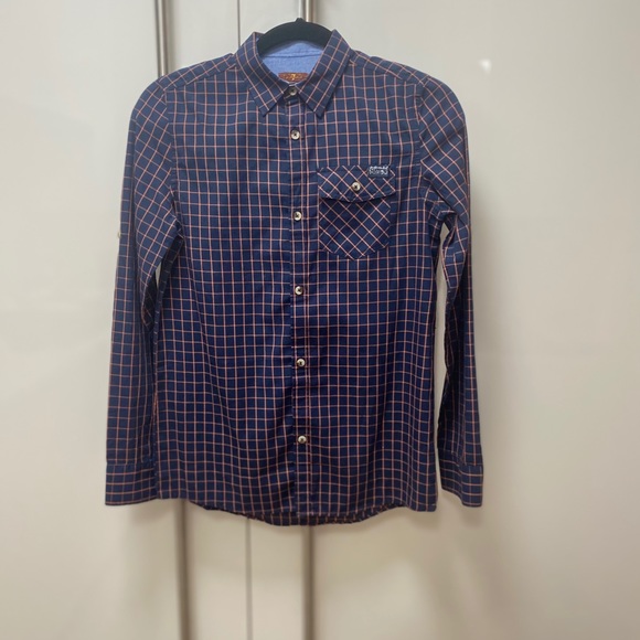 7 for all mankind kids XL button down navy blue with orange stripes Like NEW - Picture 12 of 13